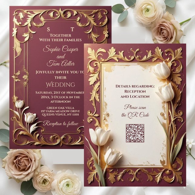 Antique Burgundy Ivory Tulips Gold Baroque Wedding Einladung (Antique Burgundy Ivory Tulips Gold Baroque Wedding Invitation)