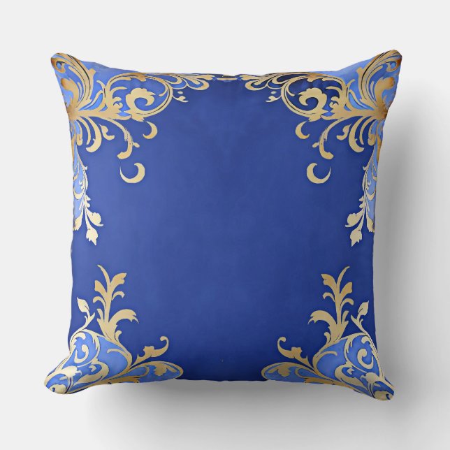 Antique Champagne Gold Filigree Royal Blue Kissen (Vorderseite)