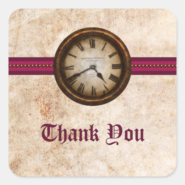 Antique Clock Danke Stickers, Fuchsia Quadratischer Aufkleber (Vorderseite)