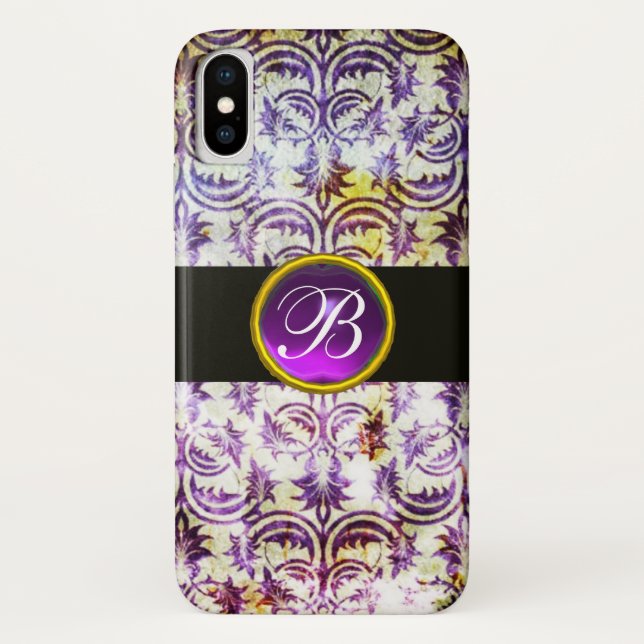 ANTIQUE DAMASK Lila Amethyst Monogramm schwarz Case-Mate iPhone Hülle (Rückseite)