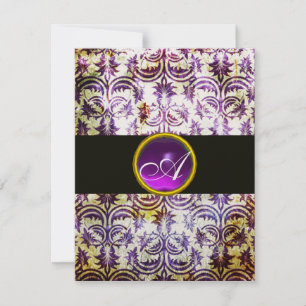 ANTIQUE-DAMASK-MONOGRAM, Schwarz-weiß lila, Gold Einladung