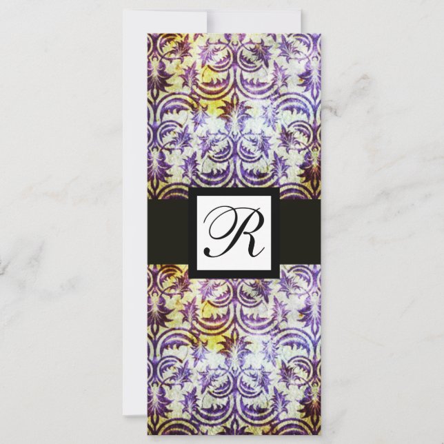 ANTIQUE DAMASK SQUARE MONOGRAM, lila, schwarz, wei Einladung (Vorderseite)