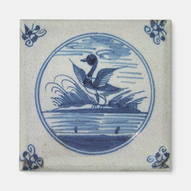 Antique Delft Blue Tile - Ente im Wasser Pinbac Magnet (Vorne)