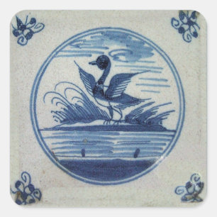 Antique Delft Blue Tile - Ente im Wasser Quadratischer Aufkleber
