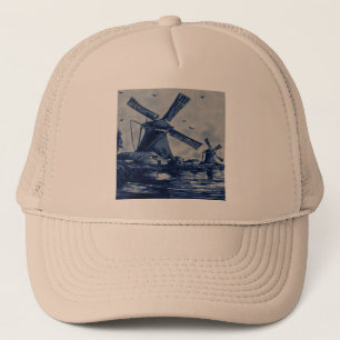 Antique Delft Blue Tile - Windmills by the Water Truckerkappe