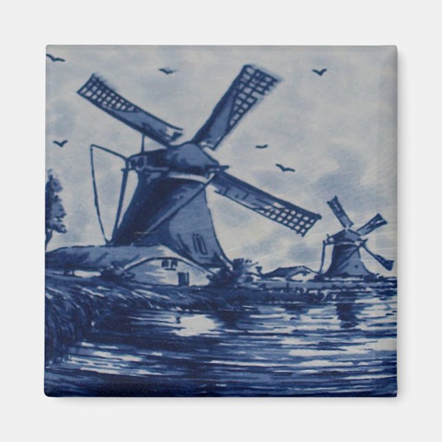 Antique Delft Blue Tile - Windmühlen am Wasser B Magnet (Vorne)