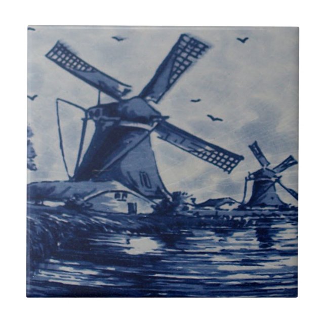 Antique Delft Blue Tile - Windmühlen am Wasser Fliese (Vorderseite)