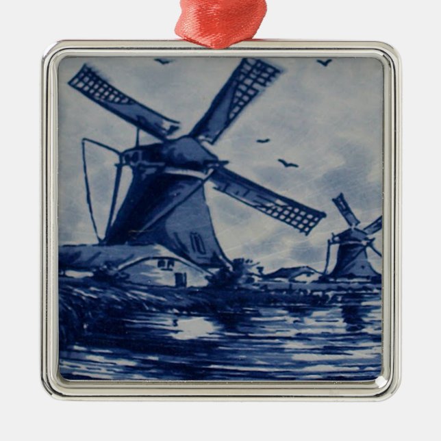 Antique Delft Blue Tile - Windmühlen am Wasser Silbernes Ornament (Vorne)