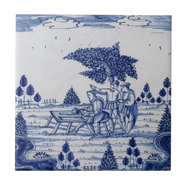 Antique Delft Tile-Pastoral Scene-Blue & White-13 Fliese (Vorderseite)