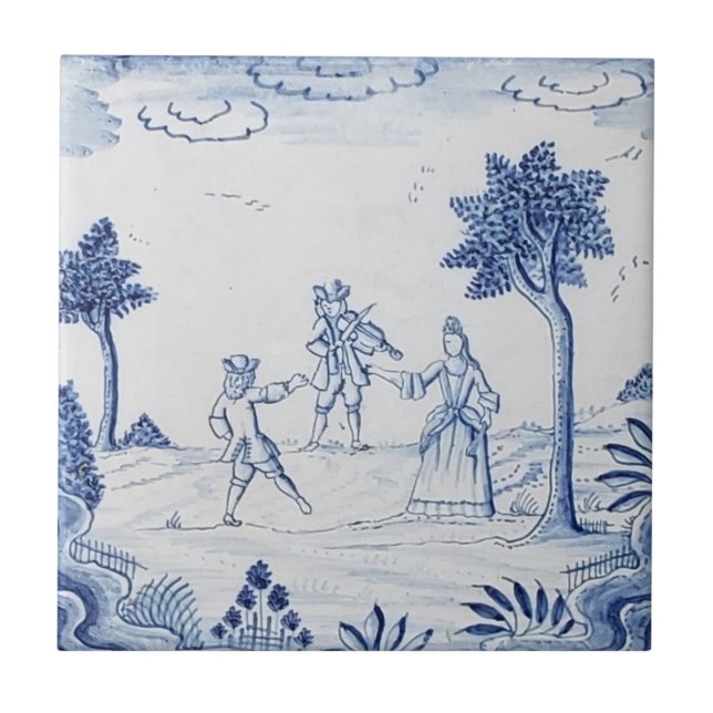 Antique Delft Tile-Pastoral Scene-Blue & White-14 Fliese (Vorderseite)