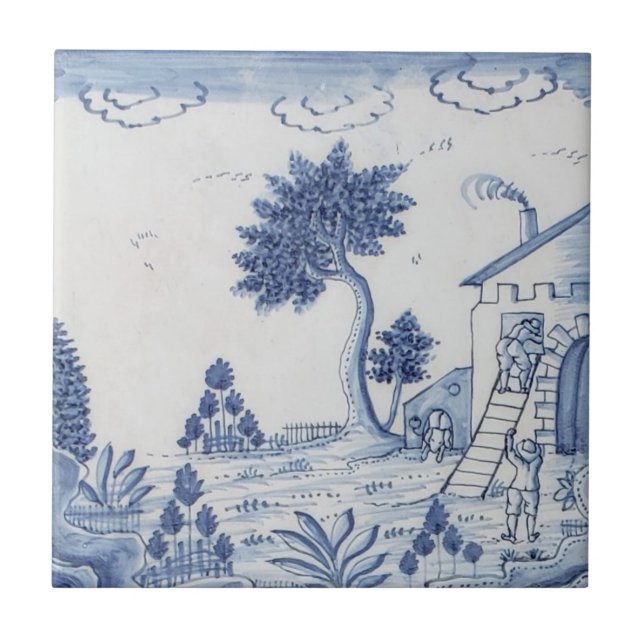 Antique Delft Tile-Pastoral Scene-Blue & White-17 Fliese (Vorderseite)