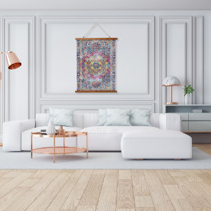 Antique Dirty Blue Fuchsia erschüttert Persisch Wandteppich Mit Holzrahmen