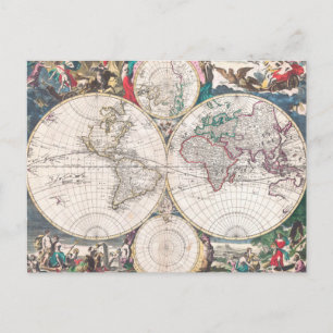Antique Double Hemisphere Weltkarte Postkarte