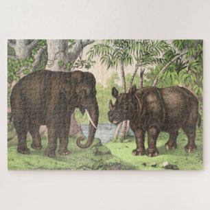 Antique Elephant Rhino Aquarell Print Puzzle