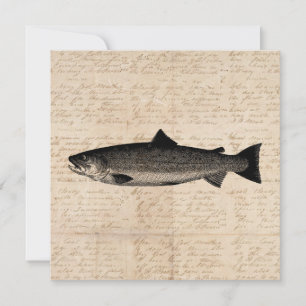 Antique Fishing Art Trout Fish Illustration Script Feiertagskarte