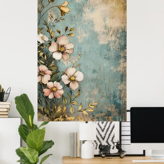 Antique floral design with a textured or aged look poster