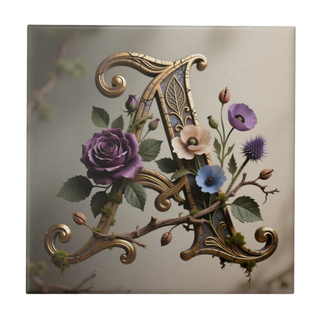 Antique Floral Gold Letter A Monogram Fliese (Vorderseite)