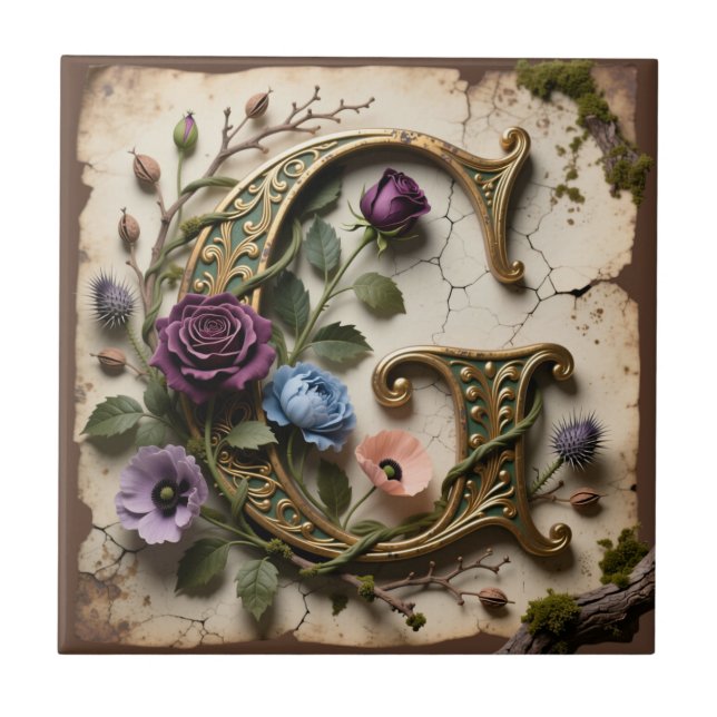 Antique Floral Gold Letter G Monogram Fliese (Vorderseite)