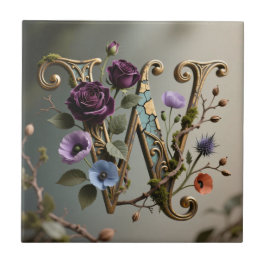 Antique Floral Gold Letter W Monogram Fliese