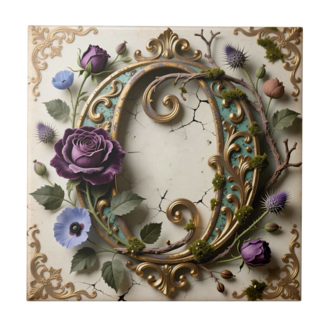 Antique Floral Gold Patina Letter O Fliese (Vorderseite)