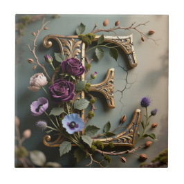 Antique Floral Gold Teal Letter E Fliese
