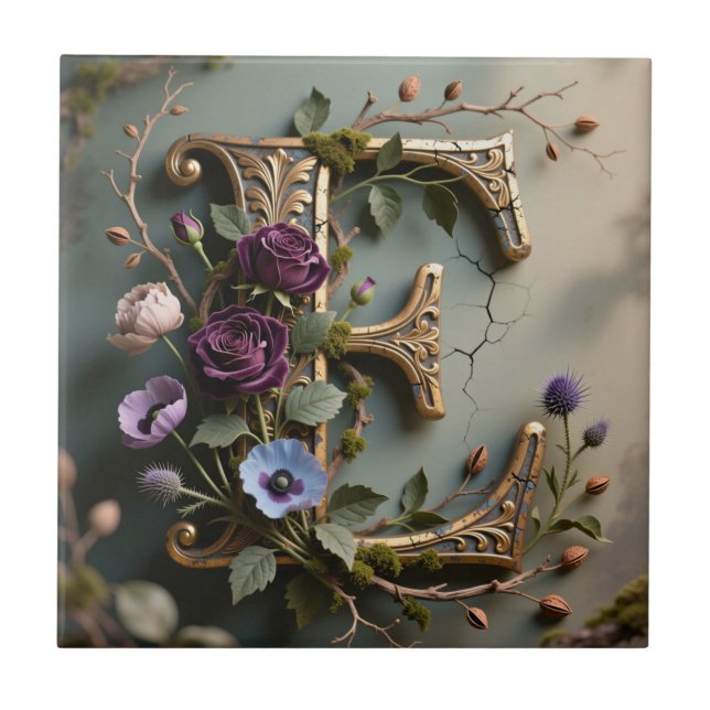 Antique Floral Gold Teal Letter E Fliese (Vorderseite)