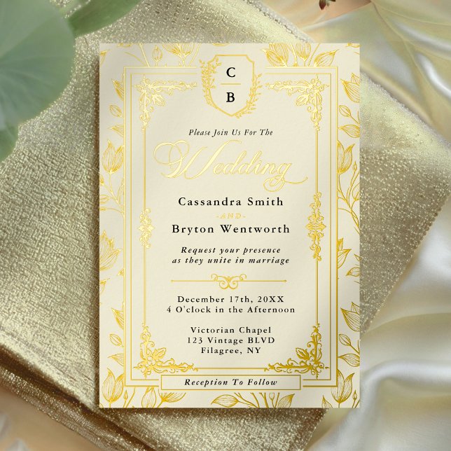 Antique Floral Monogram Crest Gold Frame Wedding Folieneinladung (Antique Floral Monogram Crest Gold Frame Wedding Foil Invitation)