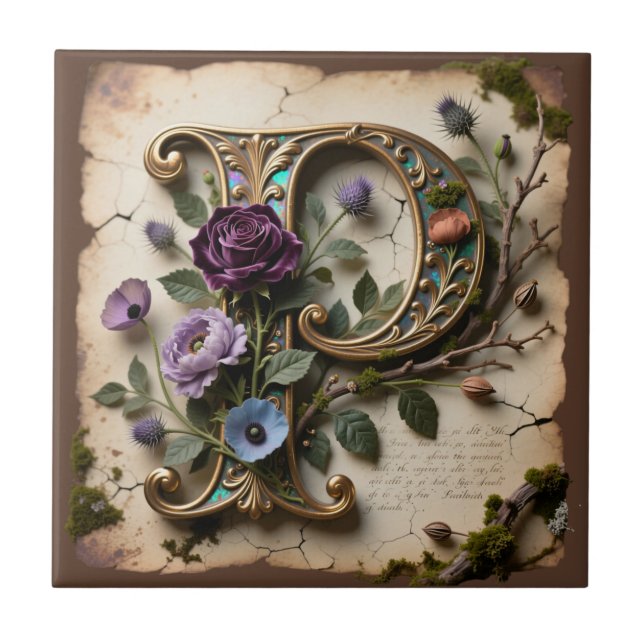 Antique Floral Opalescent Letter P Monogram Fliese (Vorderseite)