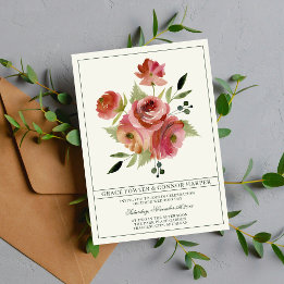 Antique Floral Pink Evergreen Bouquet Wedding Einladung