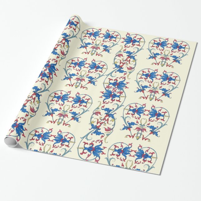 ANTIQUE FLORENTINE RED BLUE BLUE FLORAL HERZMOTIFS GESCHENKPAPIER (Ungerollt)