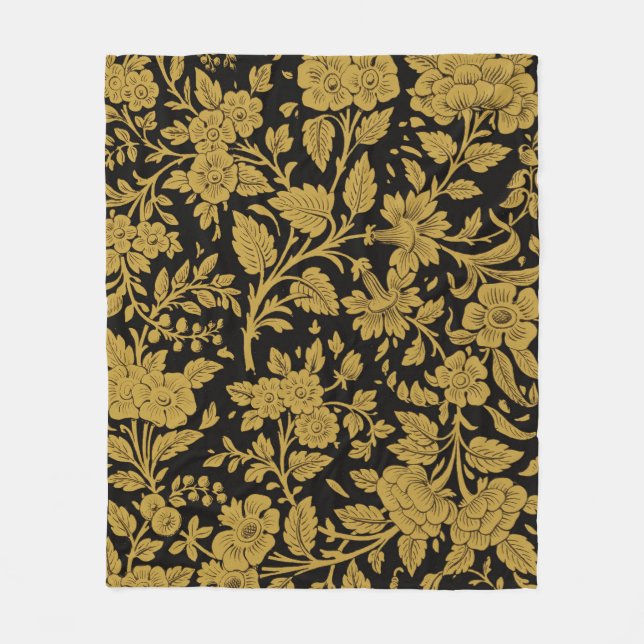 Antique Gold Floral Indian Lac-work Black Pattern Fleecedecke (Vorderseite)