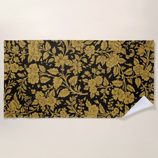 Antique Gold Floral Indian Lac-work Black Pattern Strandtuch (Vorderseite)