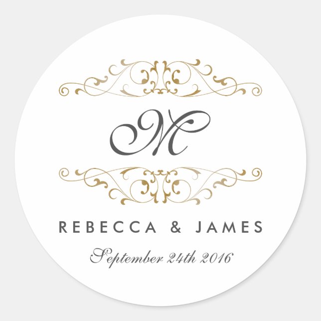 Antique Gold Geblüht Monogram Wedding Stickers (Vorderseite)