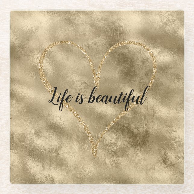 Antique Gold Glitzer Herz Glasuntersetzer (Vorderseite)