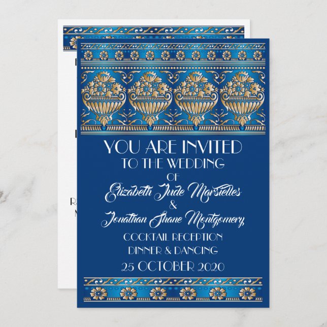 Antique Gold Lovely Blue Wedding - Formal Event Einladung (Vorne/Hinten)
