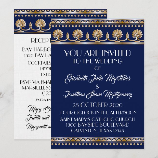 Antique Gold Lovely Blue Wedding - Formal Event Einladung (Vorne/Hinten)