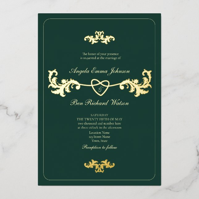 Antique Gold und Emerald Green Folieneinladung (Vorderseite)