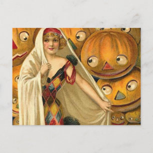 Antique Halloween Kürbislaterne Kostüm Frau Postkarte