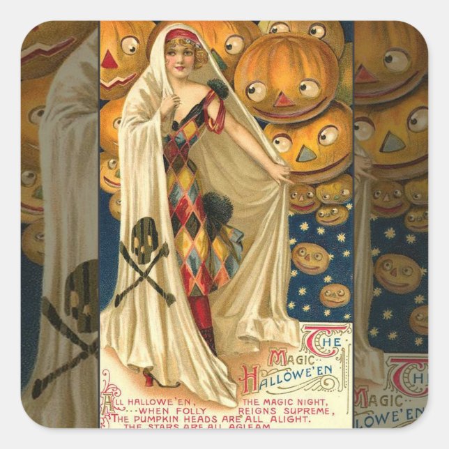 Antique Halloween Kürbislaterne Kostüm Frau Quadratischer Aufkleber (Vorderseite)