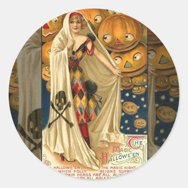 Antique Halloween Kürbislaterne Kostüm Frau Runder Aufkleber (Vorderseite)
