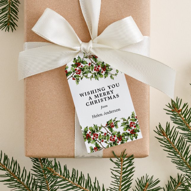 Antique Holly Weihnachtsfeiertag Geschenkanhänger (vintage holly graphic custom message Christmas gift tag)