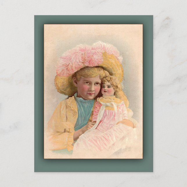 Antique Illustration Kind mit Puppenkarten Postkarte (Vorderseite)