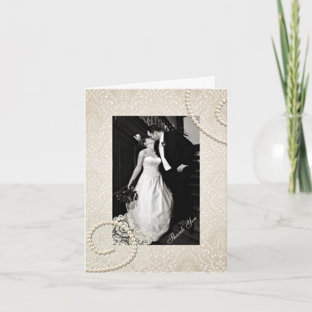 Antique Ivory Damask Wedding Foto Vielen Dank Dankeskarte (Vorderseite)