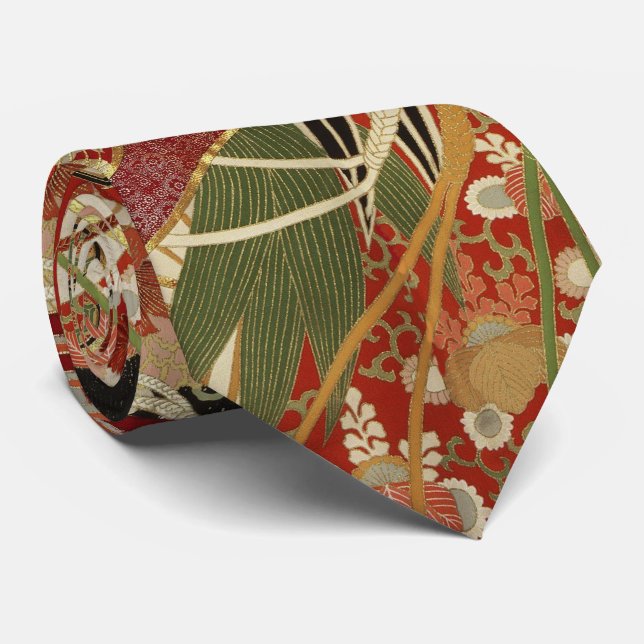 ANTIQUE JAPANESE BLUME Red Green Black Floral Ne Krawatte (Gerollt)