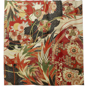 ANTIQUE JAPANESE BLUME Rote grüne Schwarze Blüte Duschvorhang