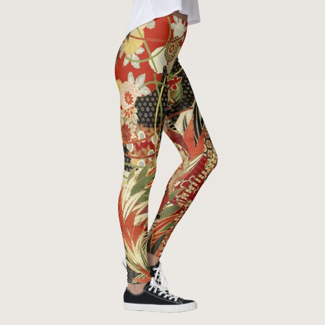 ANTIQUE JAPANESE BLUME Rote grüne Schwarze Blüte  Leggings (Rechts)