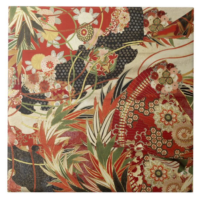 ANTIQUE JAPANESE BLUME Rote grüne Schwarze Blüte T Fliese (Vorderseite)