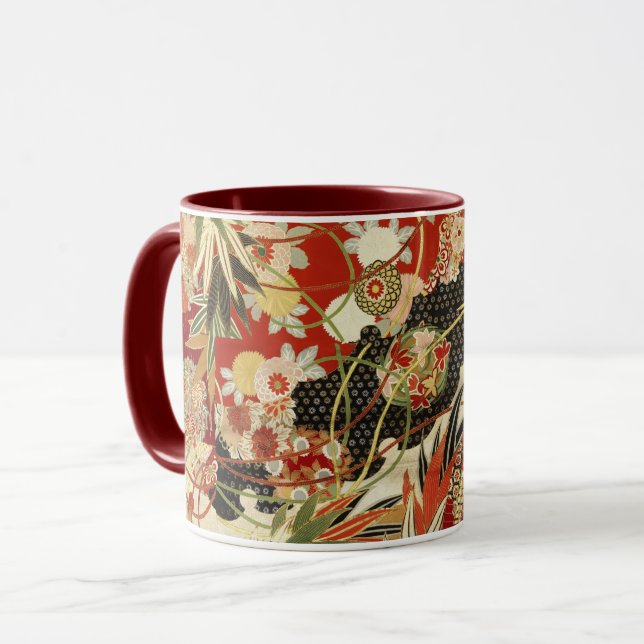 ANTIQUE JAPANESE BLUME Rote grüne Schwarze Blüte Tasse (Vorderseite Links)