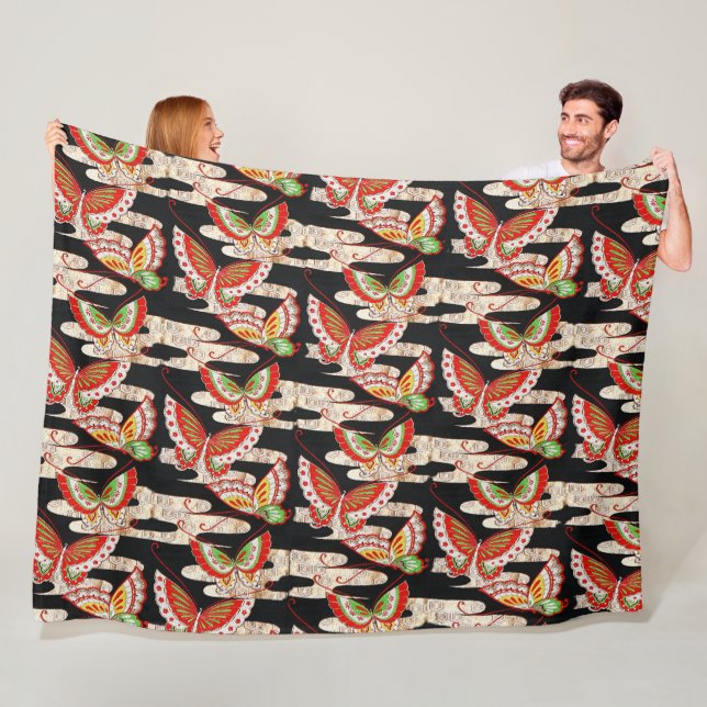 ANTIQUE JAPANESE BUTTERFLIES Rotes Schwarz-weiß Fleecedecke (Beispiel)