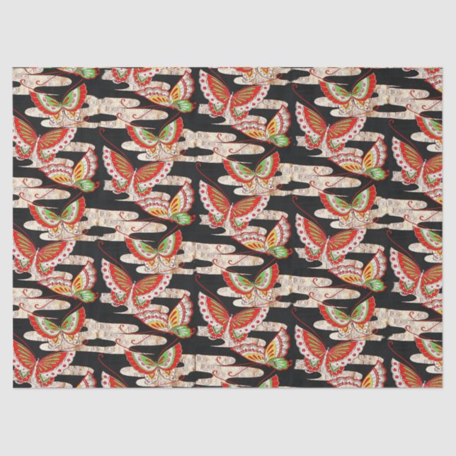 ANTIQUE JAPANESE BUTTERFLIES Rotes Schwarz-weiß Seidenpapier (Vorderseite)